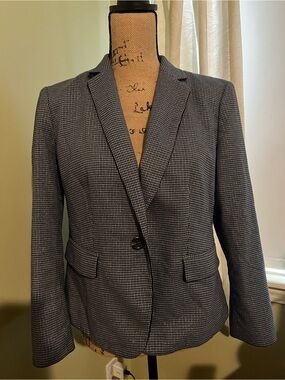 Ann Taylor Navy & Silver Houndstooth Single-Button Blazer